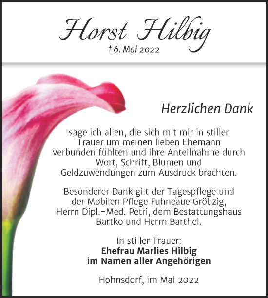 Traueranzeige von Horst Hilbig von Trauerkombi Köthen