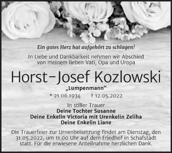 Traueranzeige von Horst-Josef Kozlowski von Trauerkombi Merseburg
