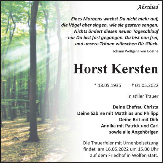 Traueranzeige von Horst Kersten von Mitteldeutsche Zeitung Bitterfeld