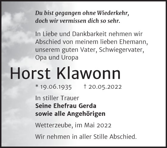 Traueranzeige von Horst Klawonn von Trauerkombi Zeitz