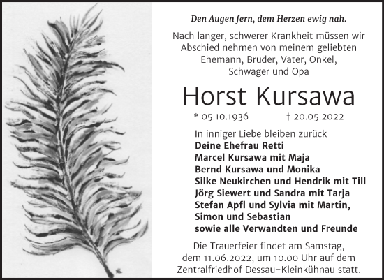 Traueranzeige von Horst Kursawa von Trauerkombi Dessau