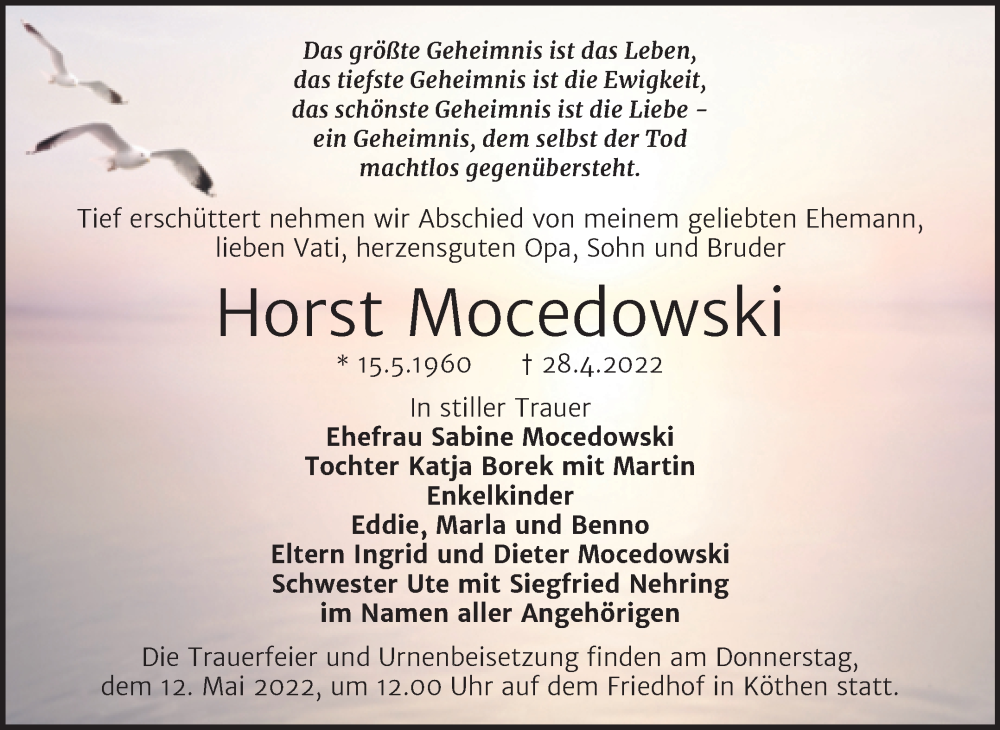  Traueranzeige für Horst Mocedowski vom 06.05.2022 aus Trauerkombi Köthen