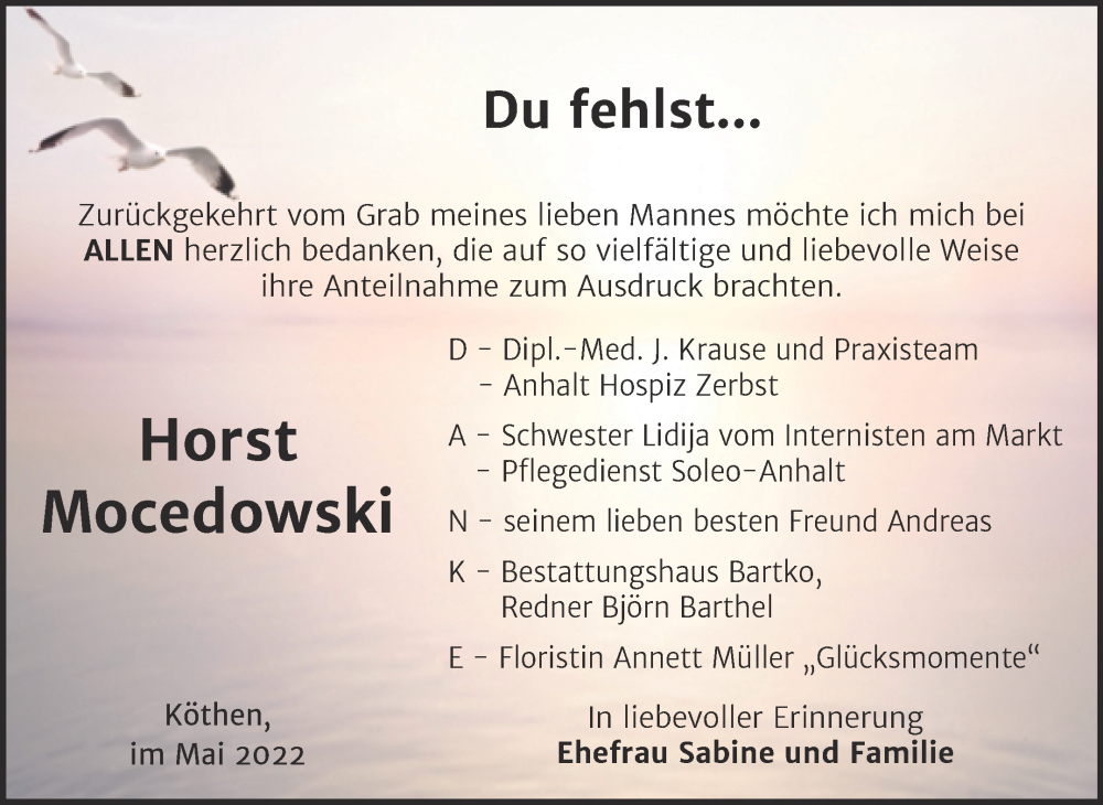  Traueranzeige für Horst Mocedowski vom 21.05.2022 aus Trauerkombi Köthen