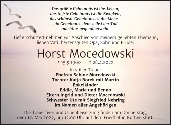 Traueranzeige von Horst Mocedowski von Trauerkombi Köthen