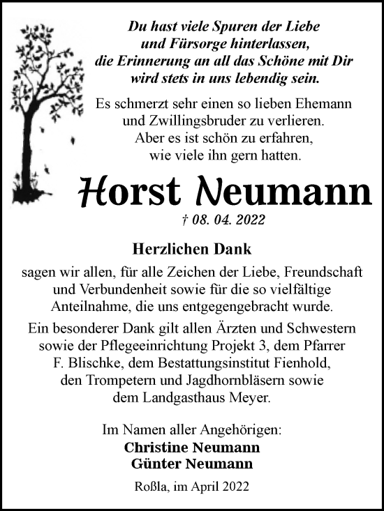 Traueranzeige von Horst Neumann von Trauerkombi Sangerhausen