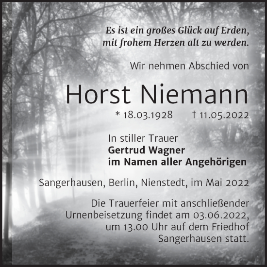 Traueranzeige von Horst Niemann von Trauerkombi Sangerhausen
