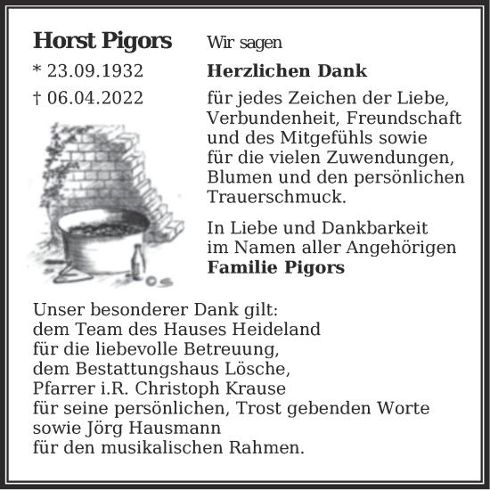 Traueranzeige von Horst Pigors von Trauerkombi Wittenberg