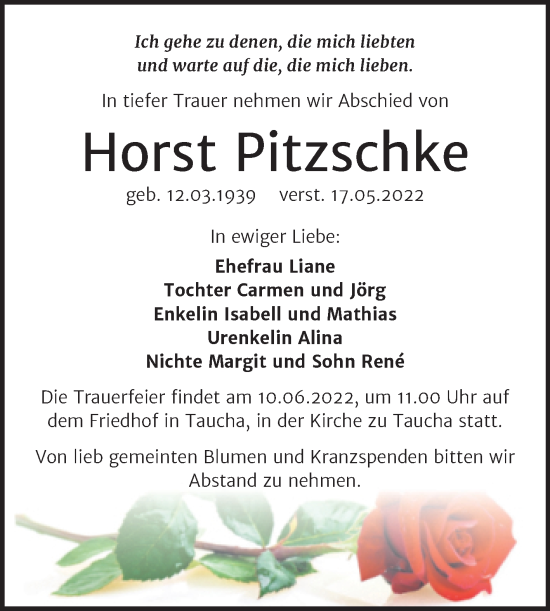 Traueranzeige von Horst Pitzschke von Trauerkombi Weißenfels