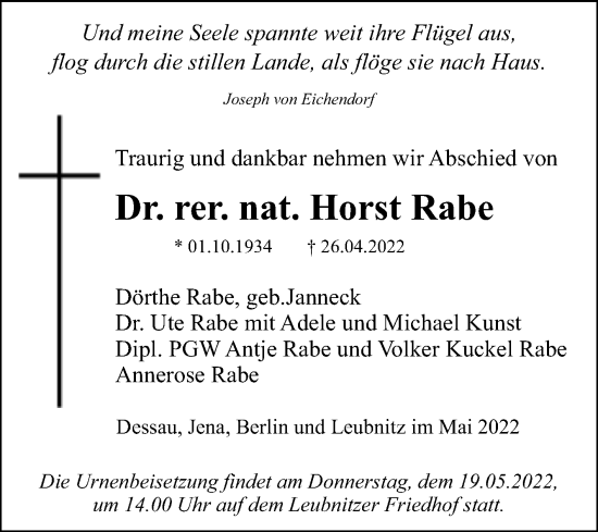 Traueranzeige von Horst Rabe von Mitteldeutsche Zeitung Dessau-Roßlau