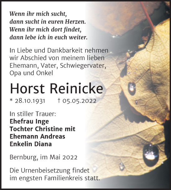 Traueranzeige von Horst Reinicke von Trauerkombi Bernburg