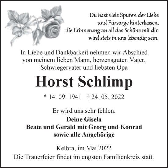 Traueranzeige von Horst Schlimp von Mitteldeutsche Zeitung Sangerhausen
