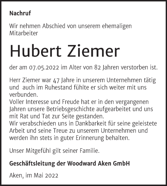 Traueranzeige von Hubert Ziemer von Super Sonntag Köthen