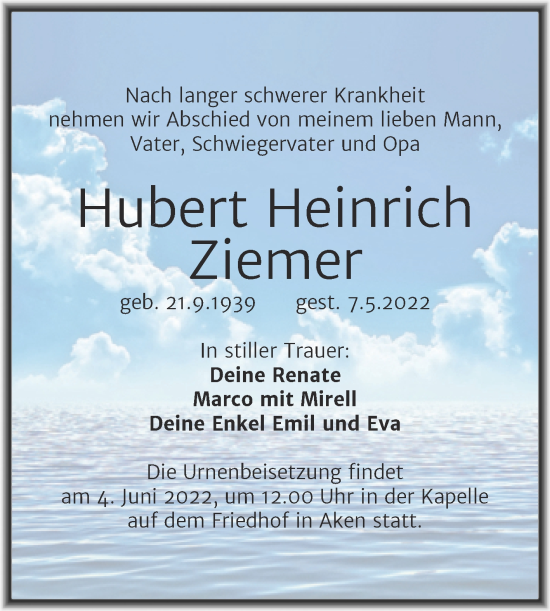 Traueranzeige von Hubert Heinrich Ziemer von Trauerkombi Köthen
