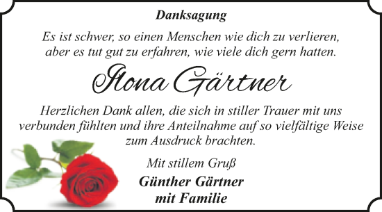 Traueranzeige von Ilona Gärtner von Trauerkombi Dessau