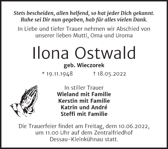 Traueranzeige von Ilona Ostwald von Trauerkombi Dessau