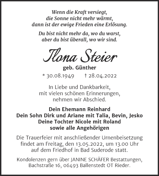 Traueranzeige von Ilona Steier von Trauerkombi Quedlinburg
