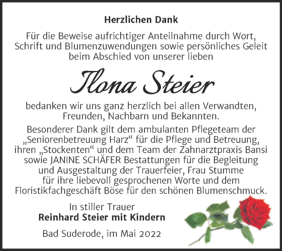 Traueranzeige von Ilona Steier von Trauerkombi Quedlinburg