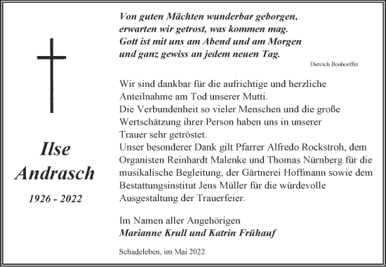 Traueranzeige von Ilse Andrasch von Trauerkombi Aschersleben