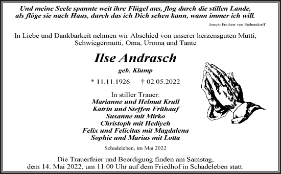 Traueranzeige von Ilse Andrasch von Trauerkombi Aschersleben
