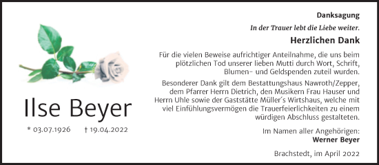 Traueranzeige von Ilse Beyer von Mitteldeutsche Zeitung Halle/Saalkreis
