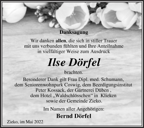 Traueranzeige von Ilse Dörfel von Trauerkombi Wittenberg