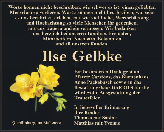 Traueranzeige von Ilse Gelbke von Trauerkombi Quedlinburg