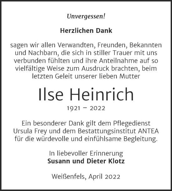 Traueranzeige von Ilse Heinrich von Trauerkombi Weißenfels
