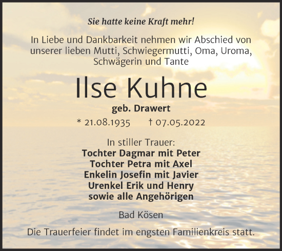 Traueranzeige von Ilse Kuhne von Wochenspiegel Naumburg/Nebra