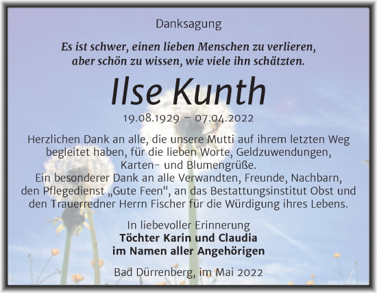 Traueranzeige von Ilse Kunth von Trauerkombi Merseburg