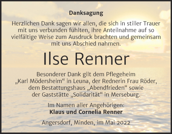 Traueranzeige von Ilse Renner von Trauerkombi Merseburg