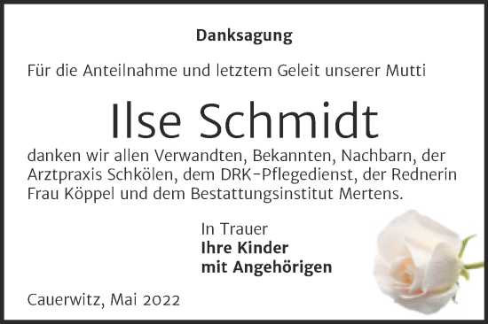 Traueranzeige von Ilse Schmidt von Wochenspiegel Naumburg/Nebra
