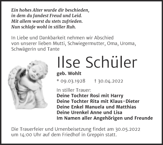 Traueranzeige von Ilse Schüler von Trauerkombi Bitterfeld