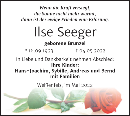 Traueranzeige von Ilse Seeger von Trauerkombi Weißenfels