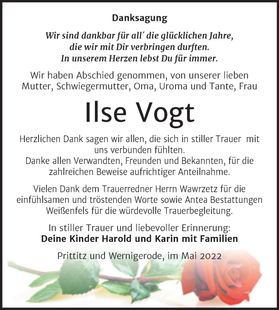 Traueranzeige von Ilse Vogt von Trauerkombi Weißenfels