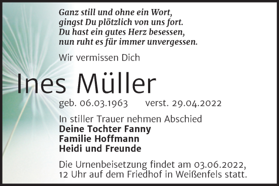 Traueranzeige von Ines Müller von Trauerkombi Weißenfels