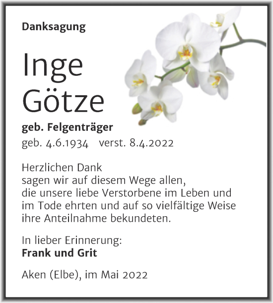 Traueranzeige von Inge Götze von Trauerkombi Köthen