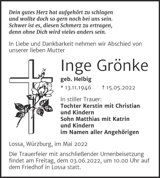 Traueranzeige von Inge Grönke von Wochenspiegel Naumburg/Nebra