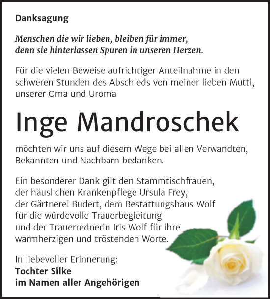 Traueranzeige von Inge Mandroschek von Trauerkombi Weißenfels
