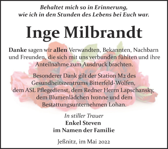 Traueranzeige von Inge Milbrandt von Trauerkombi Bitterfeld