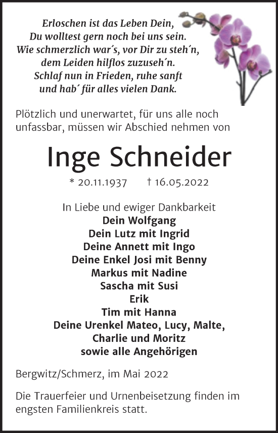 Traueranzeige von Inge Schneider von Trauerkombi Bitterfeld