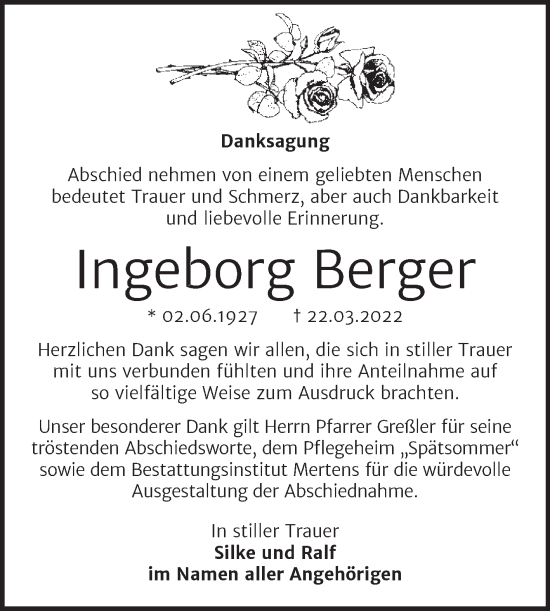 Traueranzeige von Ingeborg Berger von Wochenspiegel Naumburg/Nebra