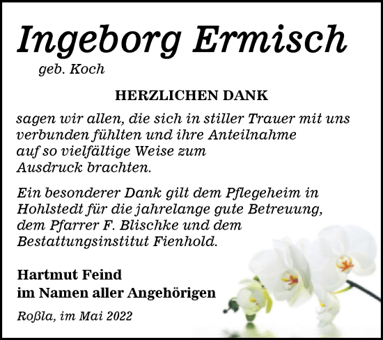 Traueranzeige von Ingeborg Ermisch von Trauerkombi Sangerhausen