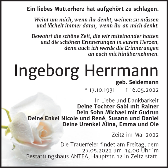 Traueranzeige von Ingeborg Herrmann von Trauerkombi Zeitz