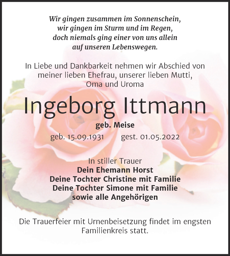  Traueranzeige für Ingeborg Ittmann vom 18.05.2022 aus Trauerkombi Bitterfeld