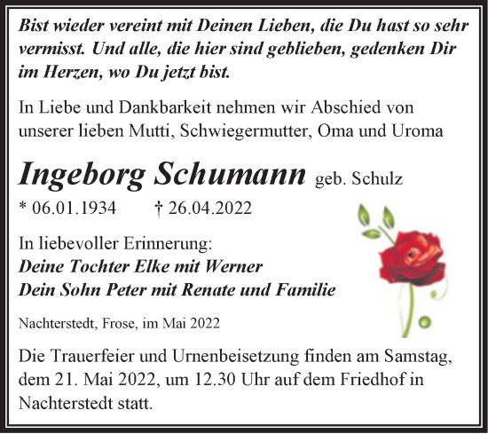 Traueranzeige von Ingeborg Schumann von Trauerkombi Aschersleben