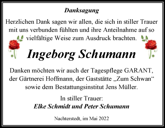 Traueranzeige von Ingeborg Schumann von Trauerkombi Aschersleben