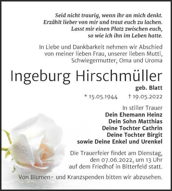 Traueranzeige von Ingeburg Hirschmüller von Trauerkombi Bitterfeld