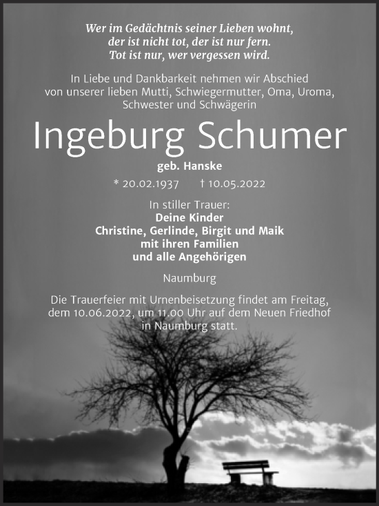 Traueranzeige von Ingeburg Schumer von Wochenspiegel Naumburg/Nebra