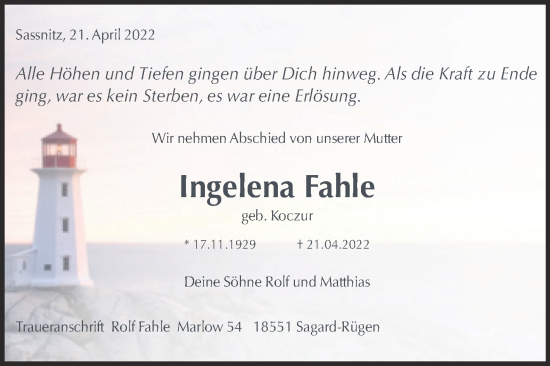 Traueranzeige von Ingelena Fahle von Trauerkombi Wittenberg