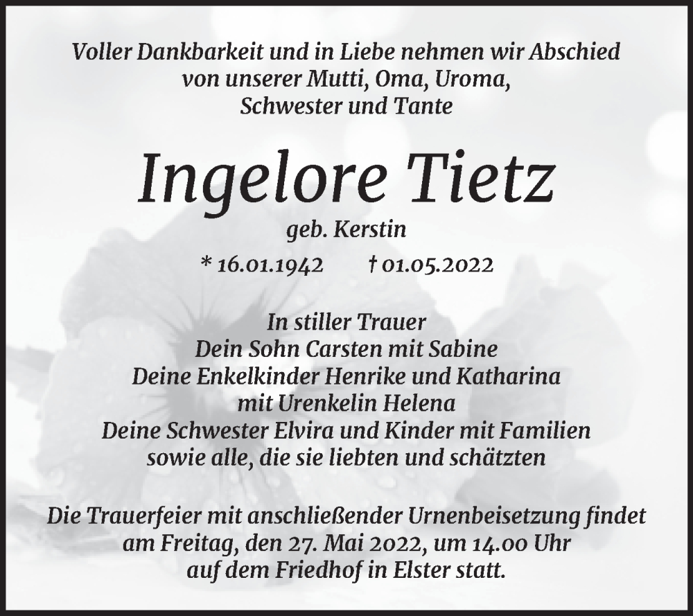  Traueranzeige für Ingelore Tietz vom 14.05.2022 aus Trauerkombi Wittenberg